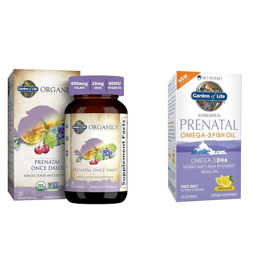 Paquete vitaminas prenatales Garden of Life y omega-3 Minami