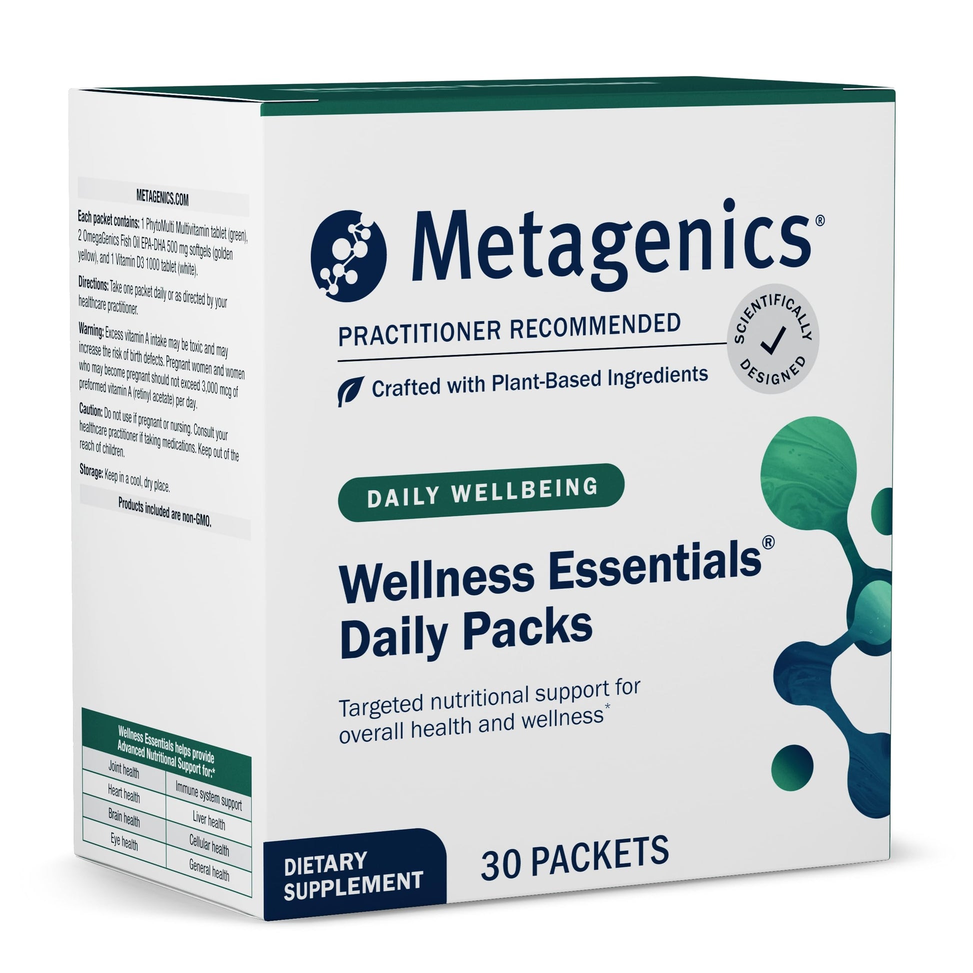 Paquetes diarios Metagenics con multivitaminas y omega-3