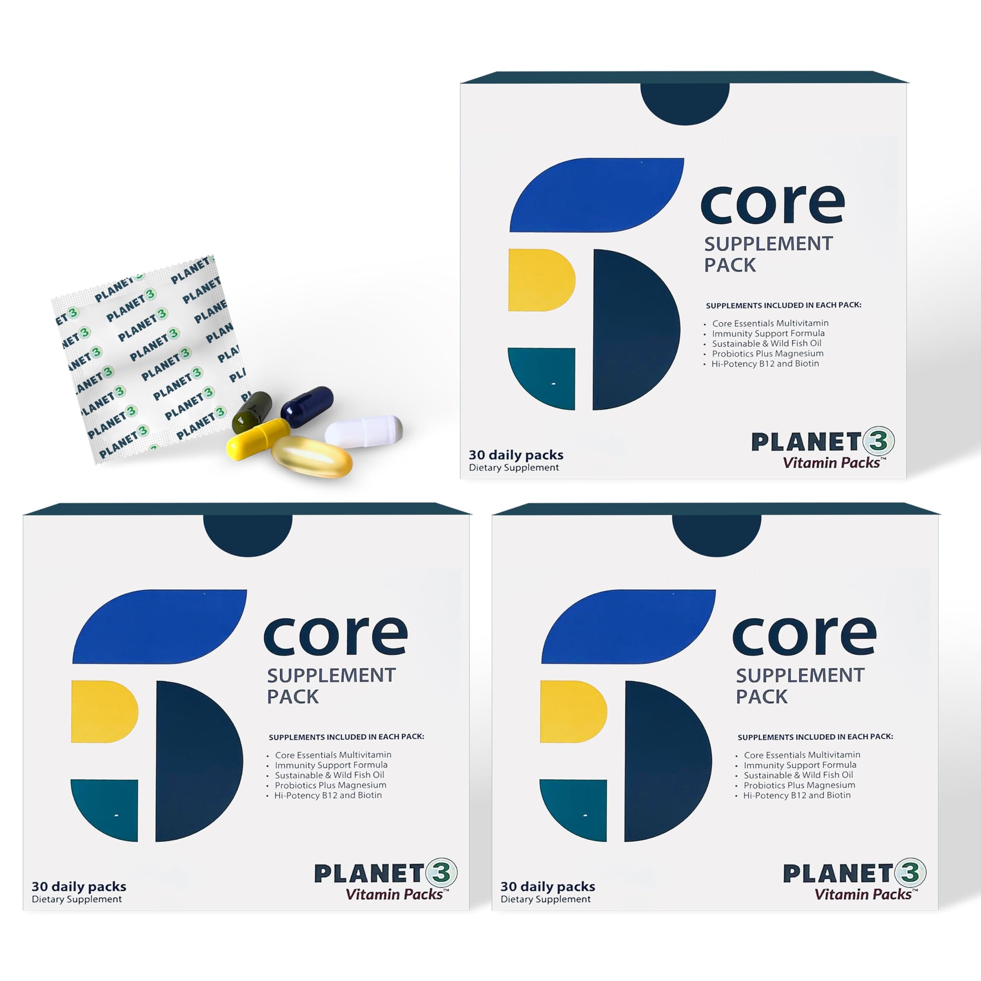 Paquetes de vitaminas diarios Planet 3 para hombres y mujeres con soporte integral.