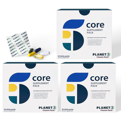 Paquetes de vitaminas diarios Planet 3 para hombres y mujeres con soporte integral.