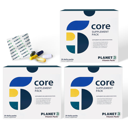 Paquetes de vitaminas diarios Planet 3 para hombres y mujeres con soporte integral.