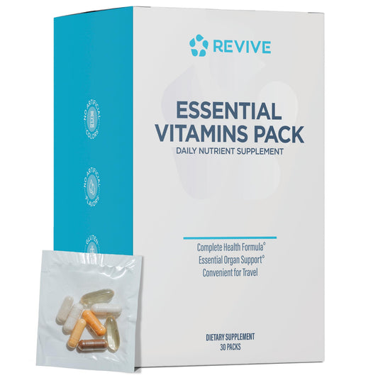 Caja de paquetes de vitaminas esenciales Revive MD para salud diaria