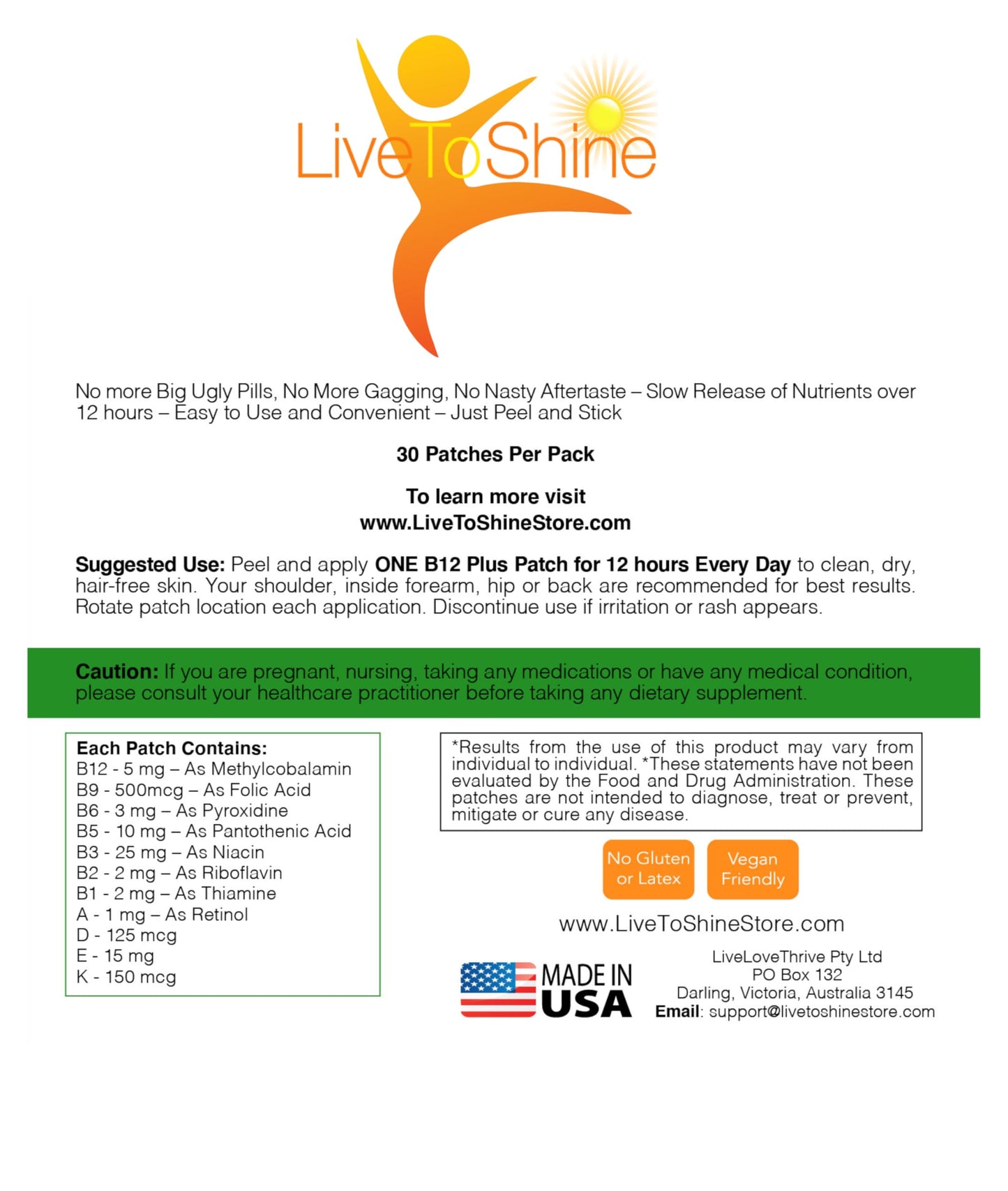 Parche natural energético Live To Shine B12 30 días USA