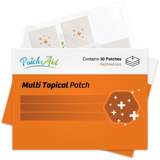 Caja de parche tópico Multi Plus PatchAid en fondo blanco