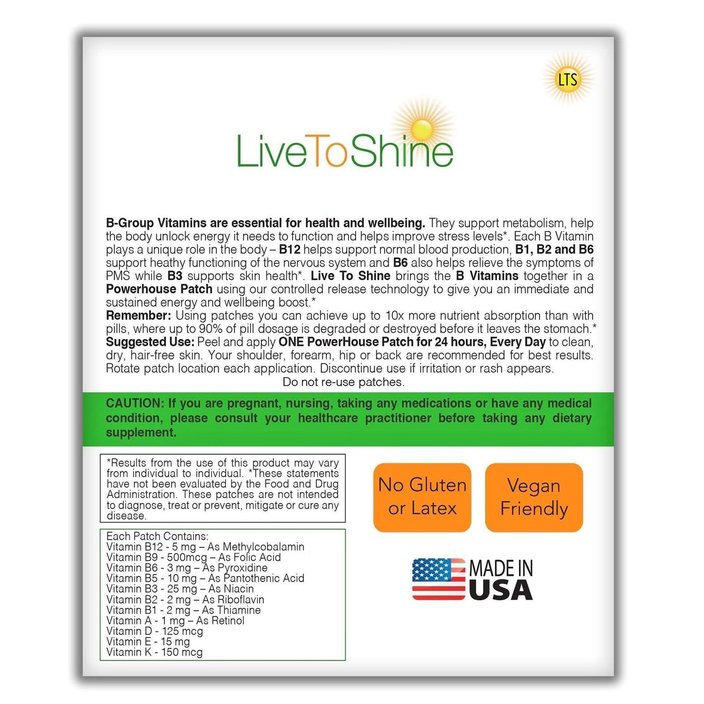 Parche tópicos Live To Shine B12 para energía diaria USA