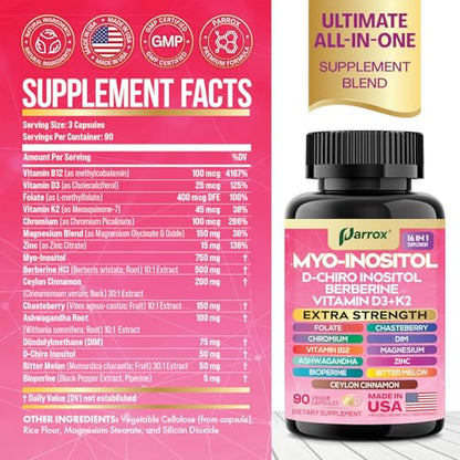 Frasco del suplemento Parrox Myo Inositol con varios ingredientes