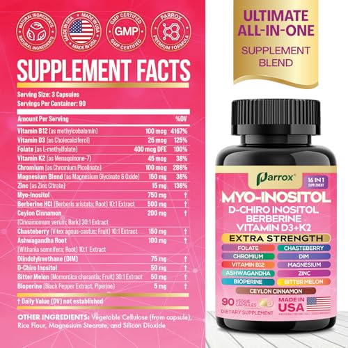 Frasco del suplemento Parrox Myo Inositol con varios ingredientes