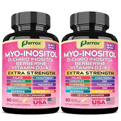 Botella de suplemento Parrox Mio-Inositol con etiquetas detalladas