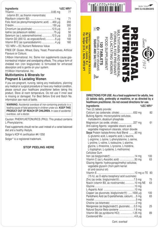 Parte frontal caja Solgar Prenatal Nutrients multivitaminas