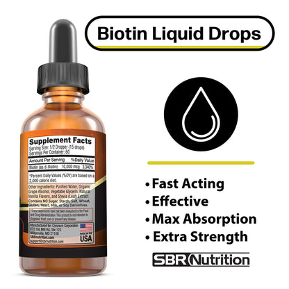 Parte trasera botella gotas liquidas biotina SBR Nutrition