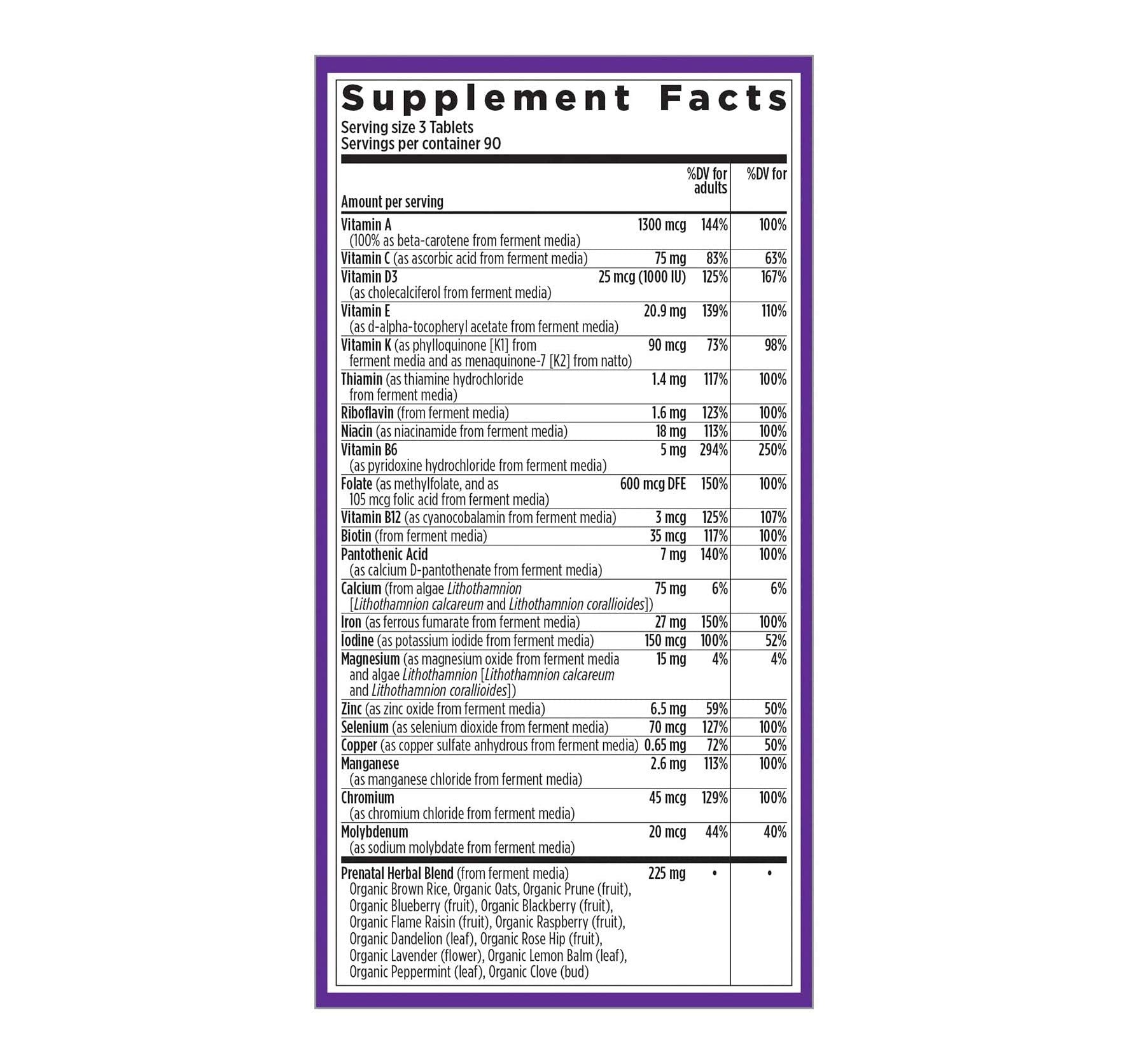 Parte trasera etiqueta multivitamínico prenatal New Chapter