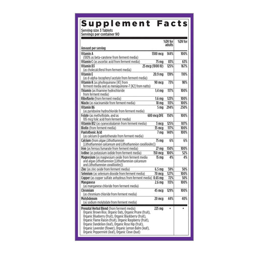 Parte trasera etiqueta multivitamínico prenatal New Chapter