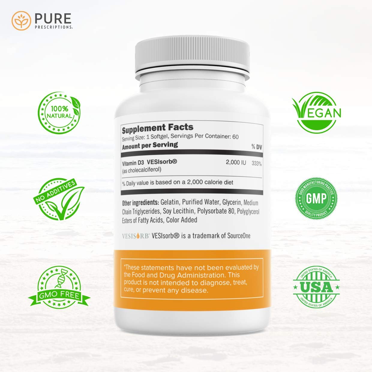 Parte trasera etiqueta suplemento vitamina d3 Pure Prescriptions