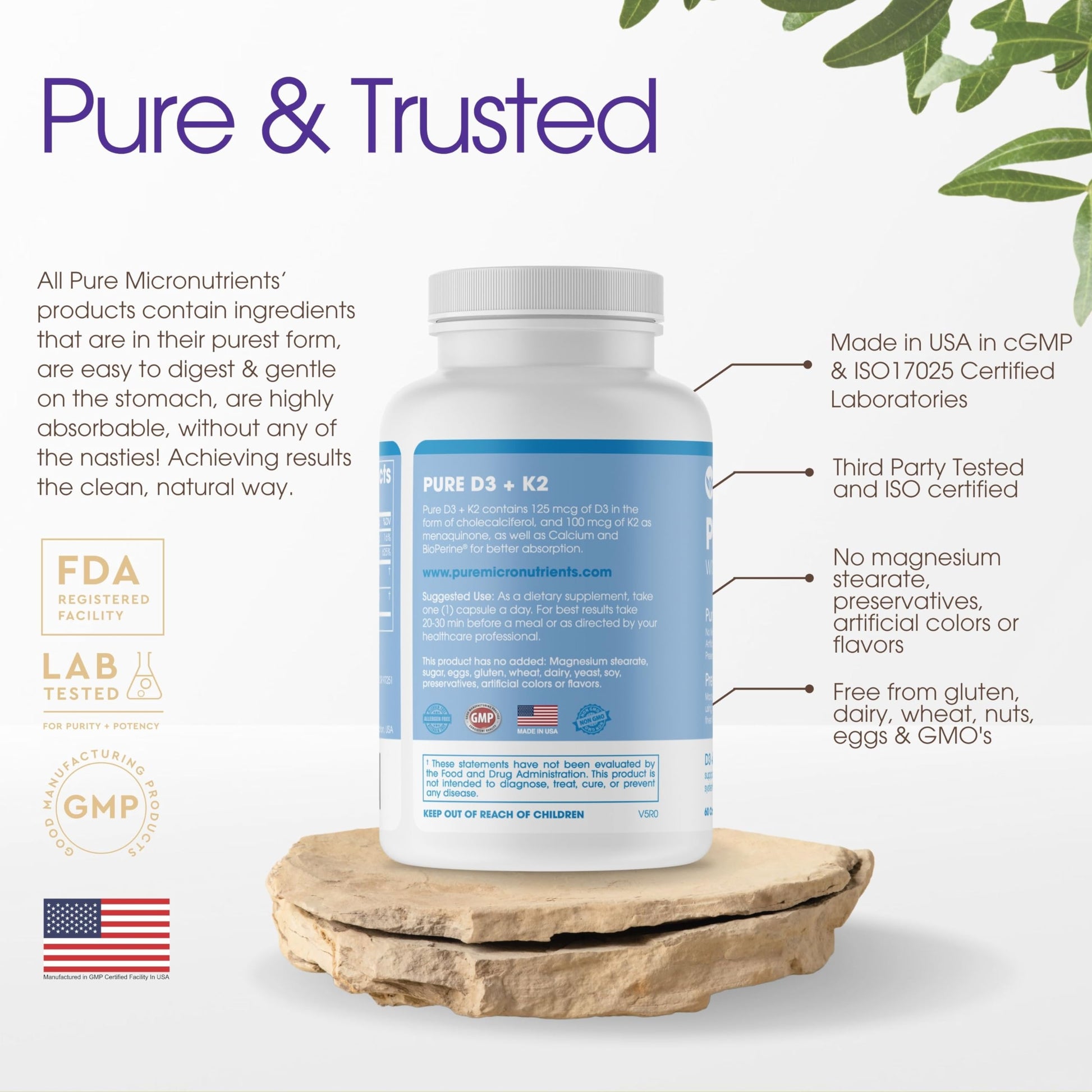 Parte trasera Pure Micronutrients suplemento Vitamina D3 K2