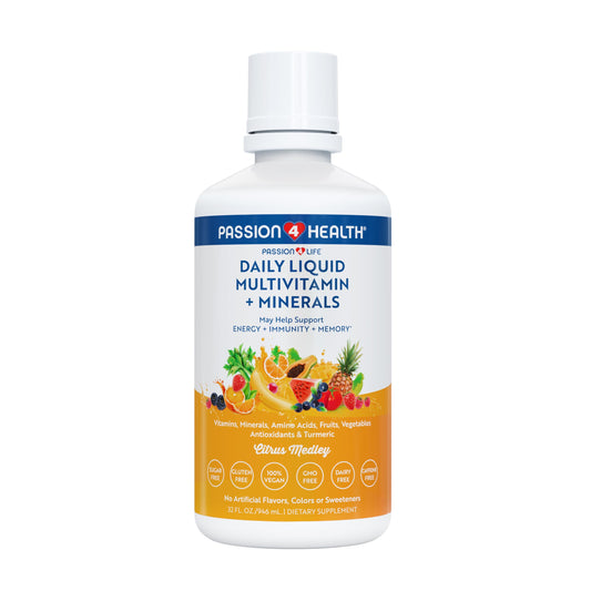 Botella de Passion 4 Life Mega Multivitaminas Líquidas con cúrcuma