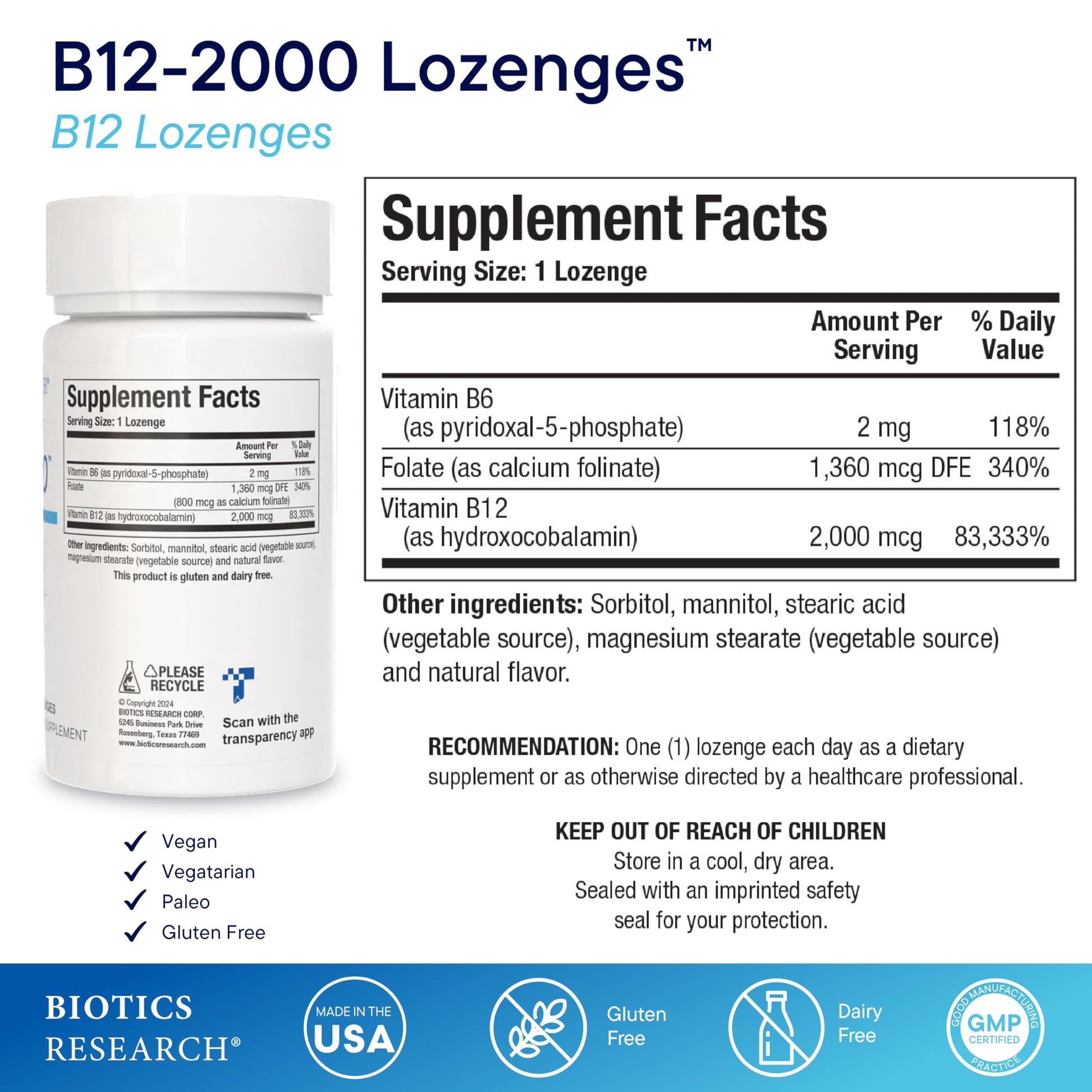 Pastillas Biotics Research B12 B6 folato 60 unidades