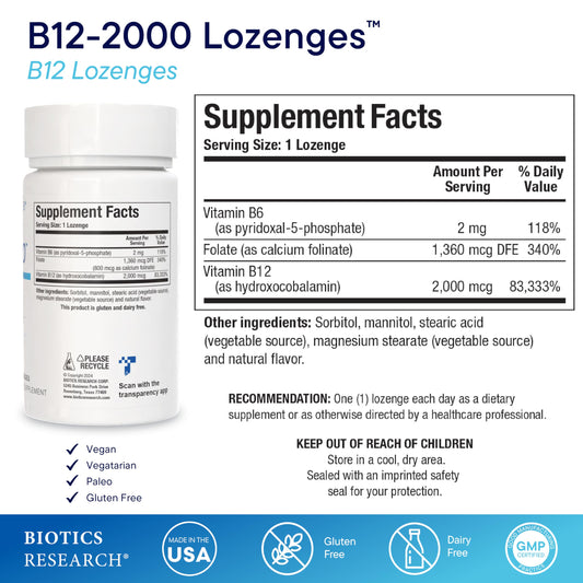 Pastillas Biotics Research B12 B6 folato 60 unidades