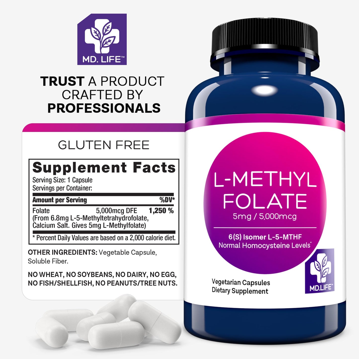 Pastillas MD Life L-Metilfolato 5mg para bienestar