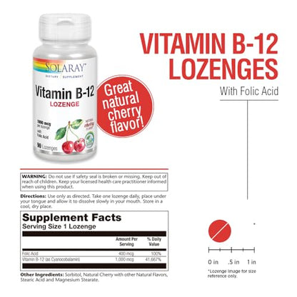 Pastillas vitamina B12 SOLARAY con ácido fólico para energía y nervios