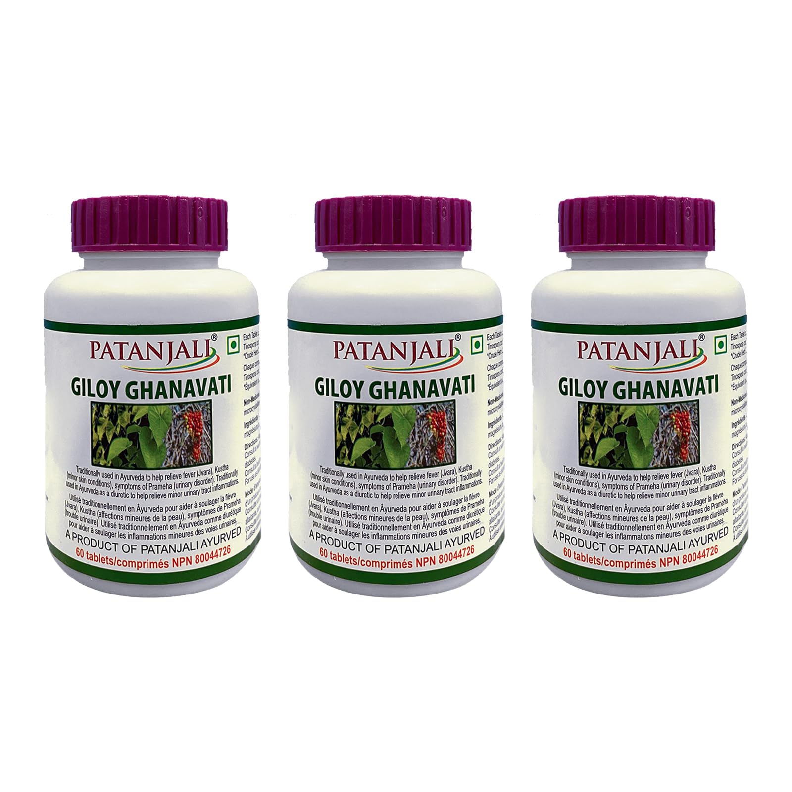 Patanjali Giloy Ghanvati 60 tabletas paquete de 3