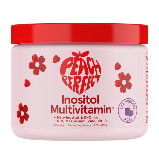 Frasco de polvo multivitamínico Peach Perfect con inositol