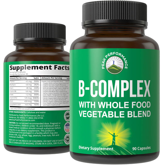Frasco suplemento complejo B vegano Peak Performance 90 cápsulas