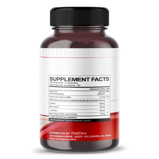 Etiqueta frontal suplemento PEAKPURY HMB con ingredientes activos