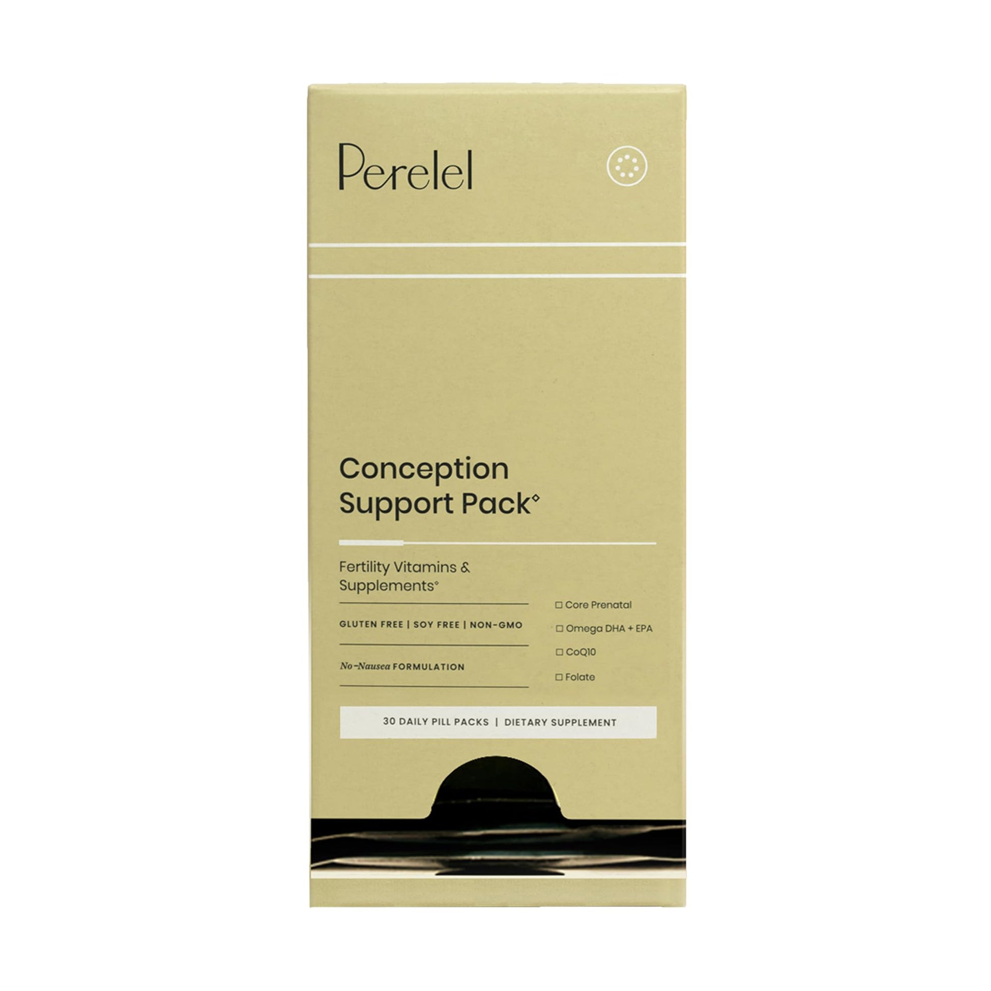 Caja de Perelel paquete de apoyo a la concepción con detalles de vitaminas.