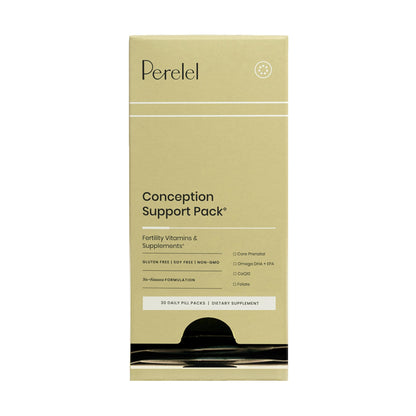 Caja de Perelel paquete de apoyo a la concepción con detalles de vitaminas.