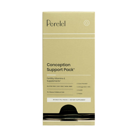 Caja de Perelel paquete de apoyo a la concepción con detalles de vitaminas.