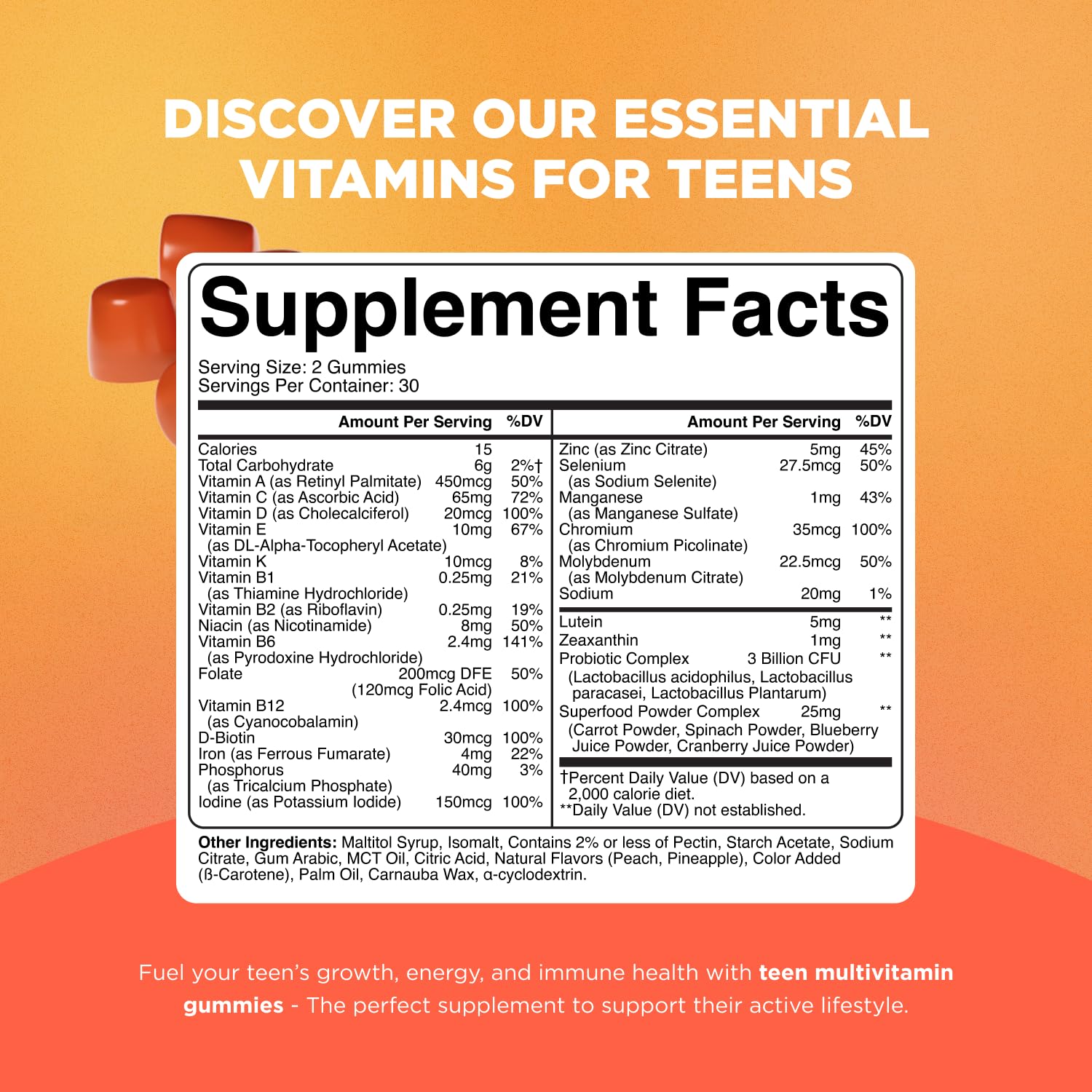 Vitaminas gomitas diarias para salud y bienestar adolescente