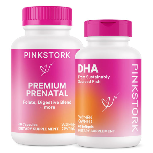 Frasco Pink Stork Premium Prenatal Duo con vitaminas y DHA para mujeres embarazadas