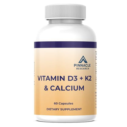 Frasco de cápsulas Pinnacle Research vitamina D3 K2 y calcio para huesos