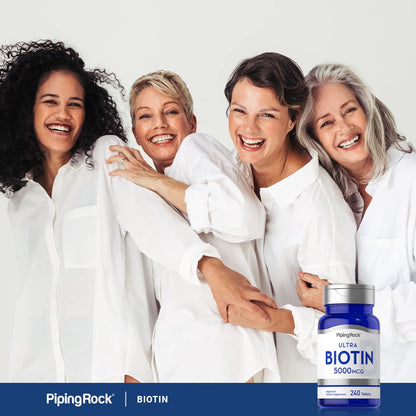 Piping Rock caja y frasco de biotina 5000mcg para cabello
