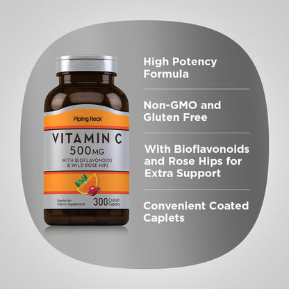 Vista lateral Piping Rock Vitamina C 500 mg frasco