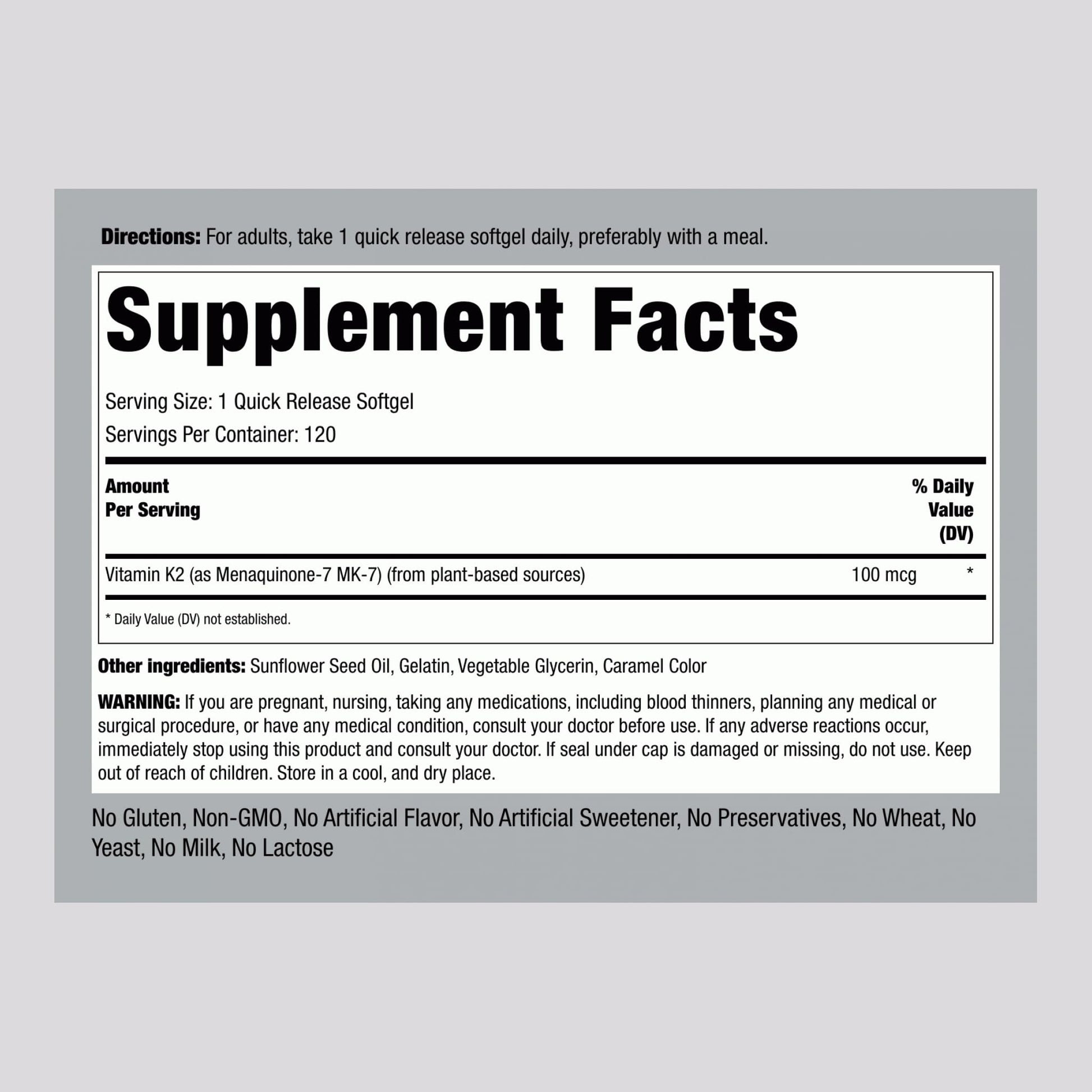 Suplemento Piping Rock Vitamina K2 MK-7 sin gluten