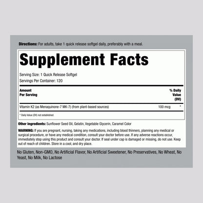 Suplemento Piping Rock Vitamina K2 MK-7 sin gluten
