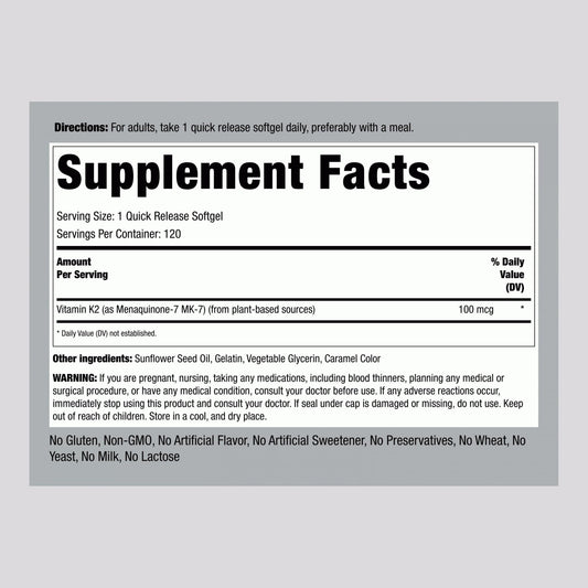Suplemento Piping Rock Vitamina K2 MK-7 sin gluten