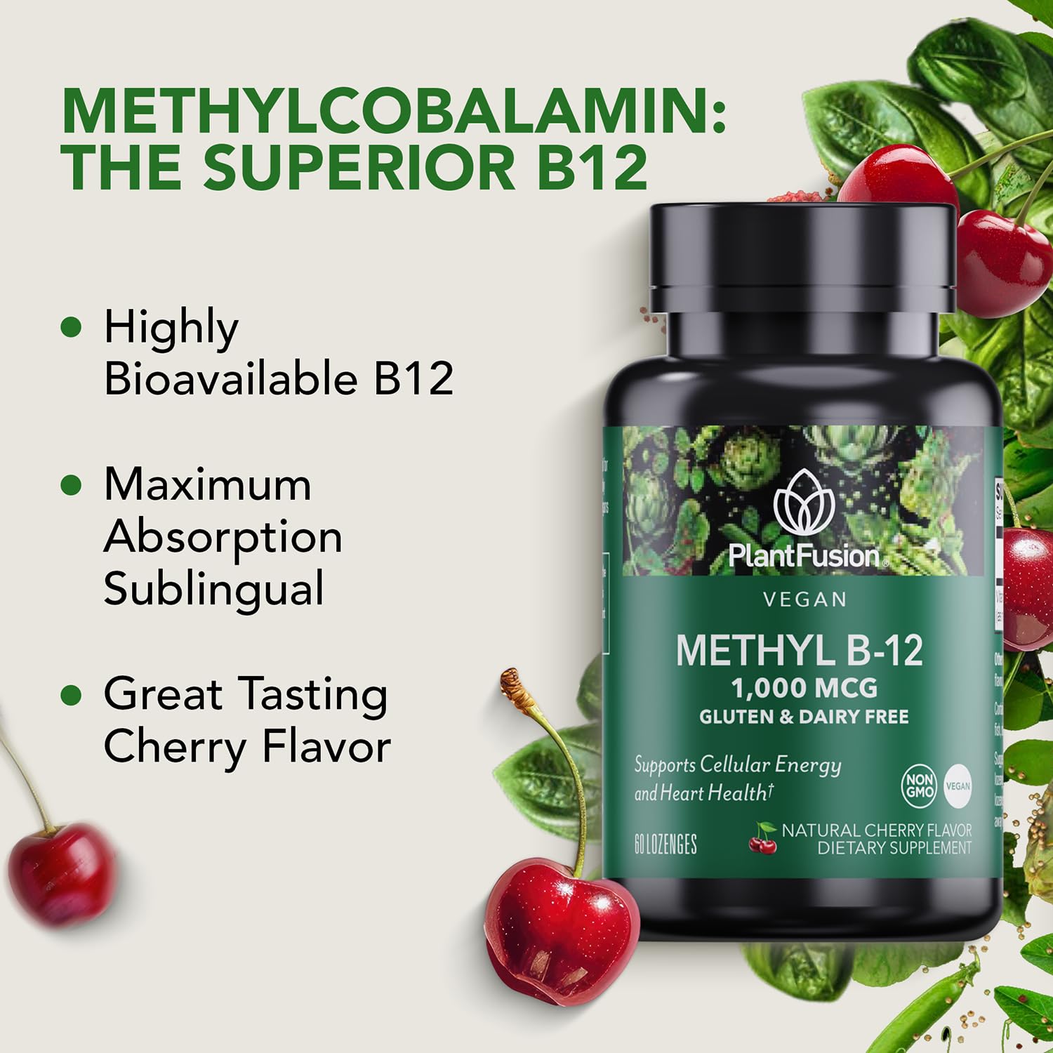 PlantFusion pastillas de b12 para absorción rápida con sabor cereza