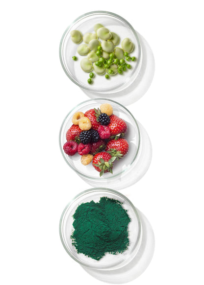 platos con verduras, frutas y polvo verde