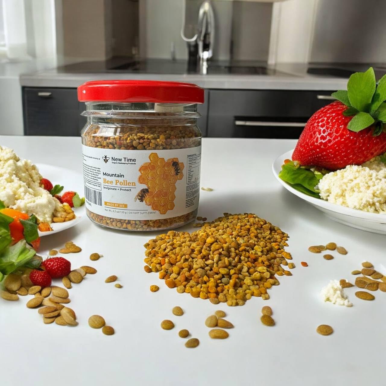 polen de abeja en la mesa de cocina