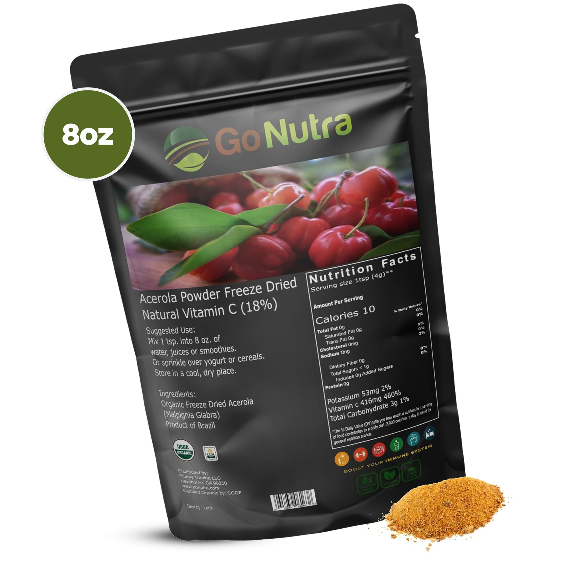 Polvo acerola Go Nutra certificado orgánico sin GMO