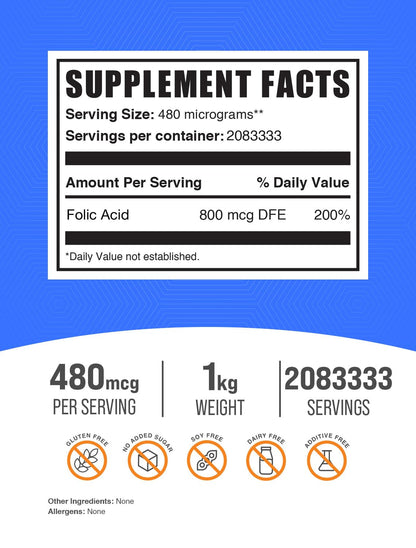 Polvo ácido fólico BulkSupplements comida saludable