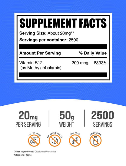 Polvo BulkSupplements vitamina B12 para energía y bienestar