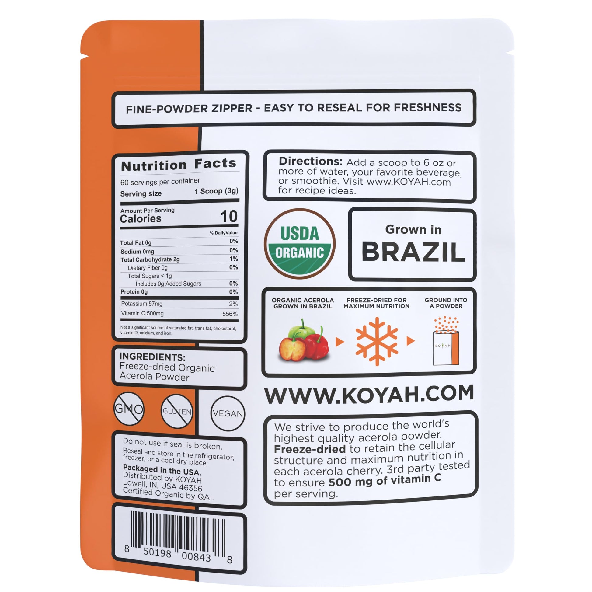 Polvo liofilizado de acerola orgánico Koyah vitamin c