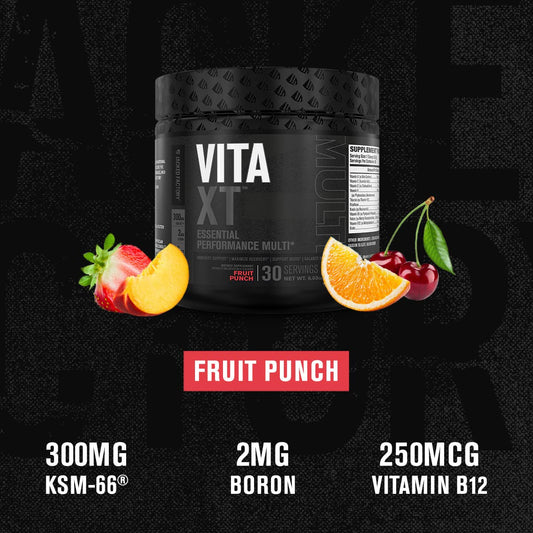 Polvo multivitamínico de rendimiento esencial con sabor a ponche de frutas.