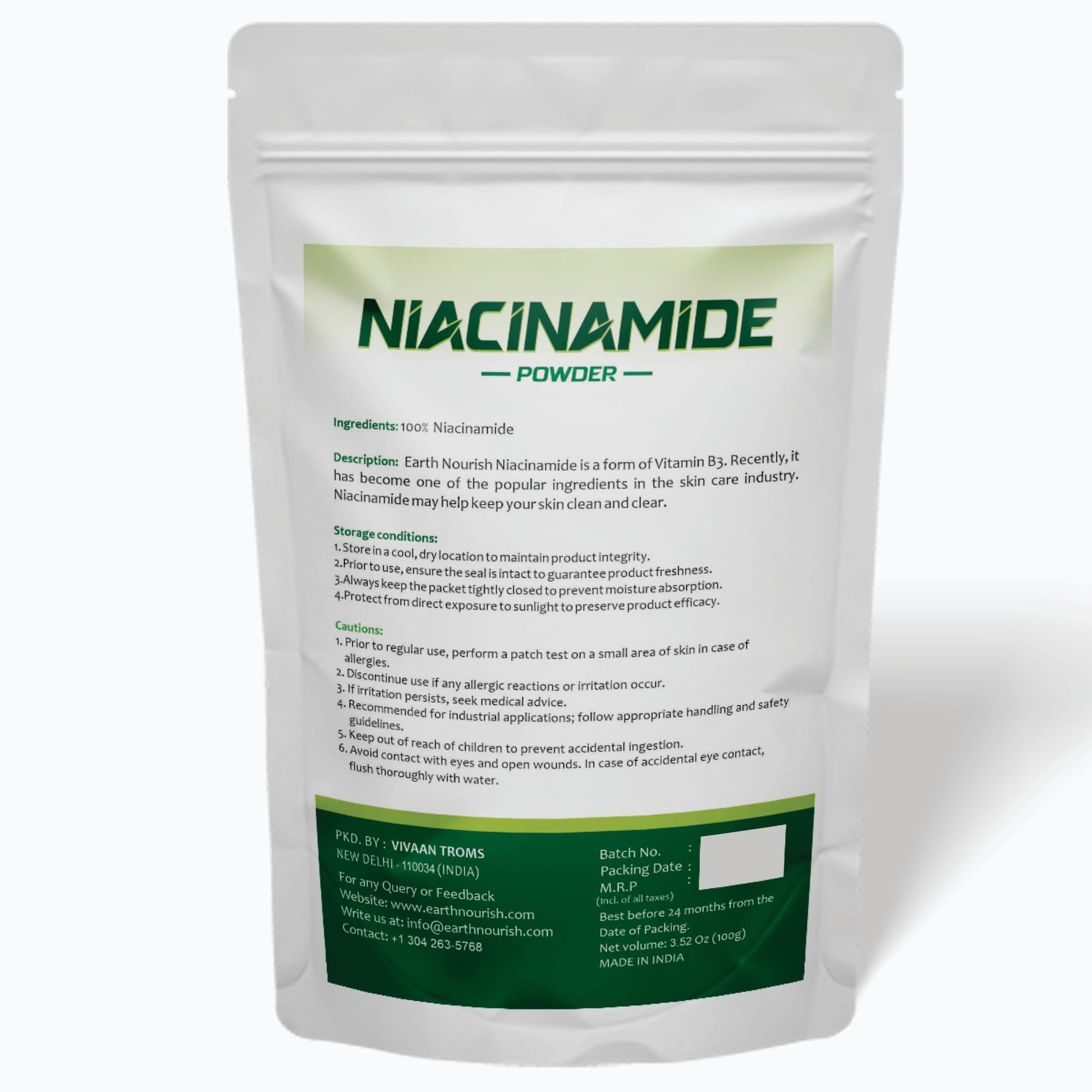 Detallado polvo niacinamida Earth Nourish para sérums cremas y lociones