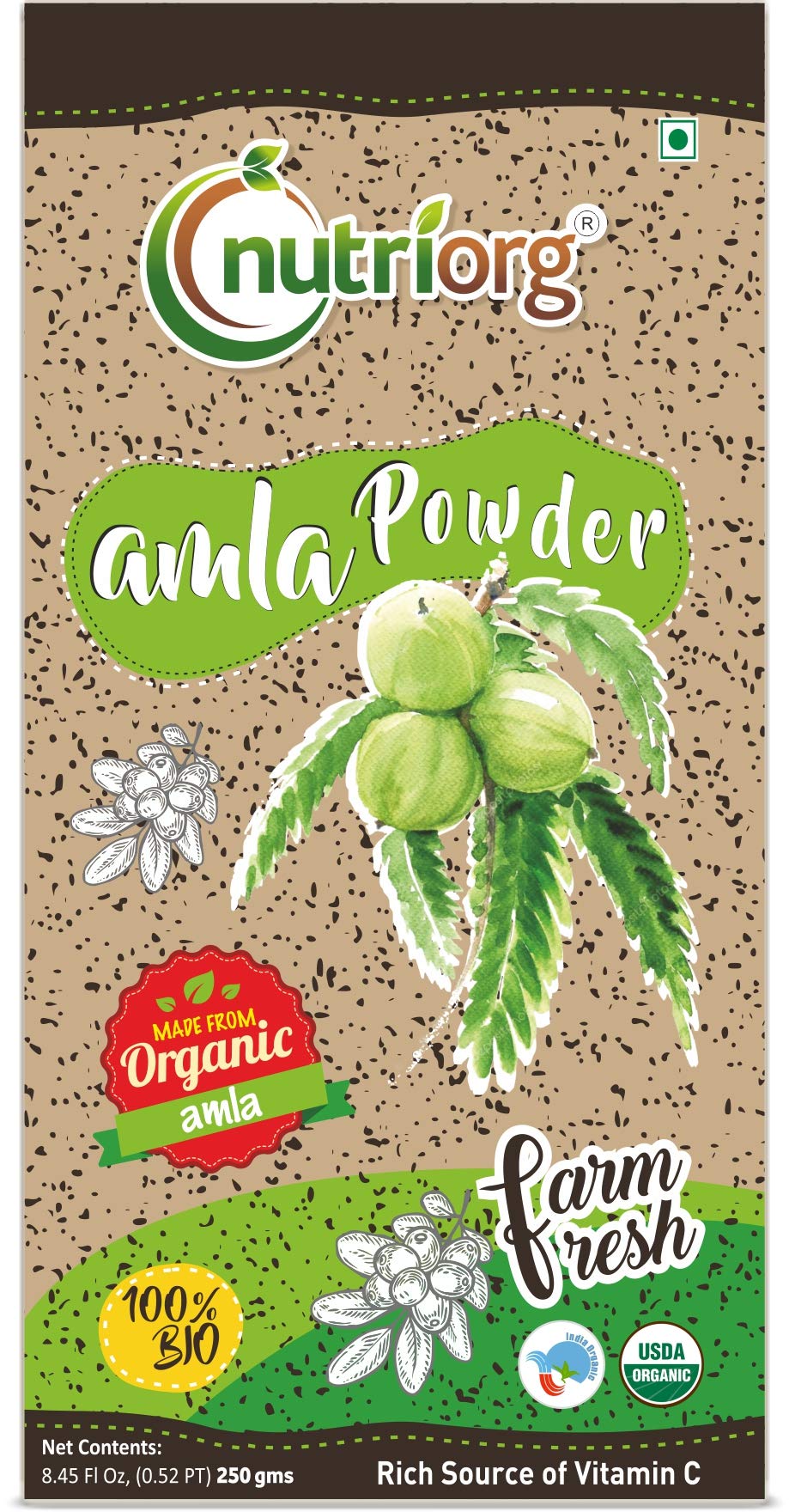 Polvo orgánico Nutriorg amla 250g empaque frontal