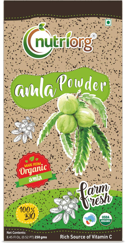 Polvo orgánico Nutriorg amla 250g empaque frontal