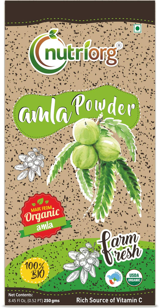 Polvo orgánico Nutriorg amla 250g empaque frontal